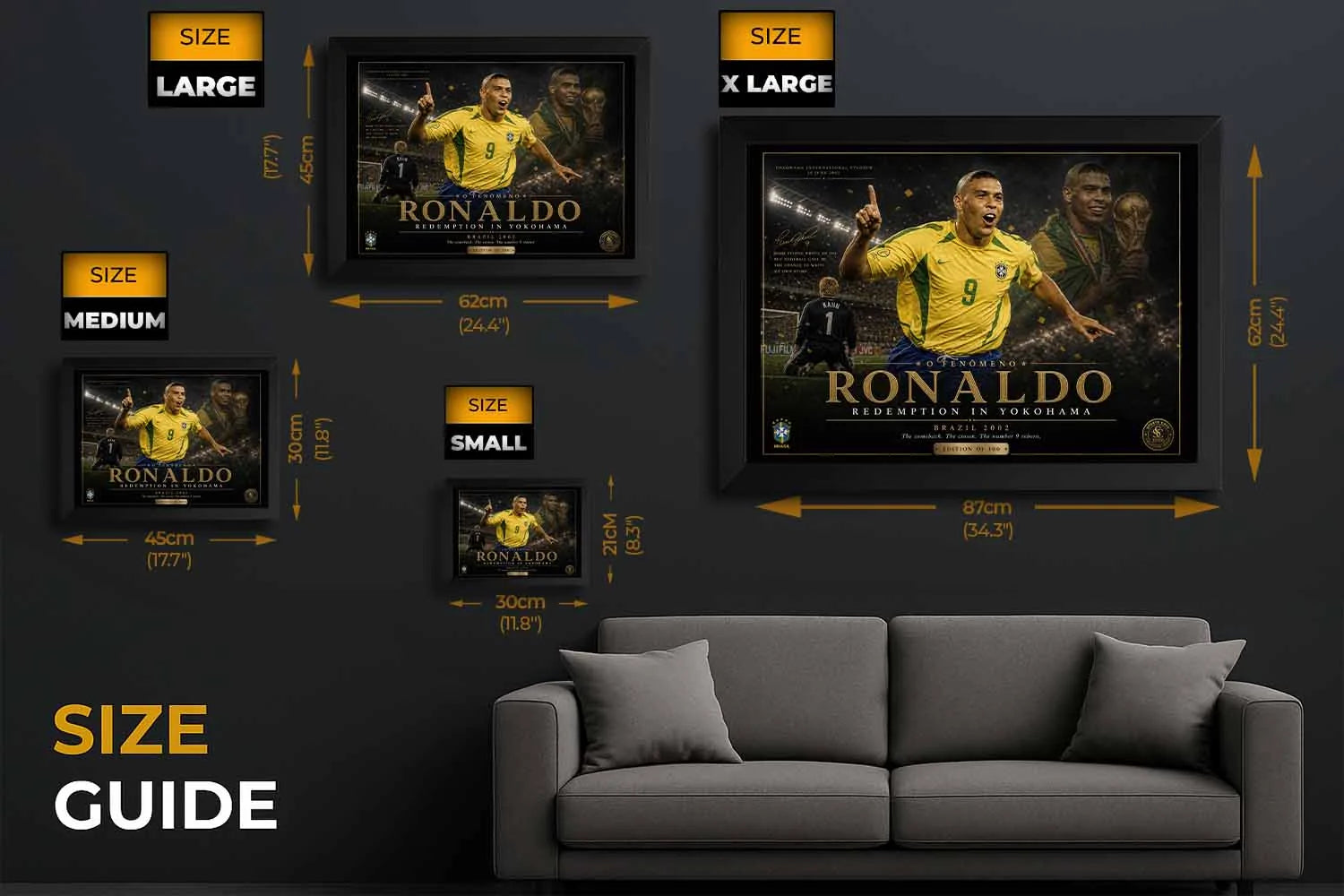 Ronaldo Nazário Brazil 2002 framed sports wall art size guide showing small, medium, large and XL options.