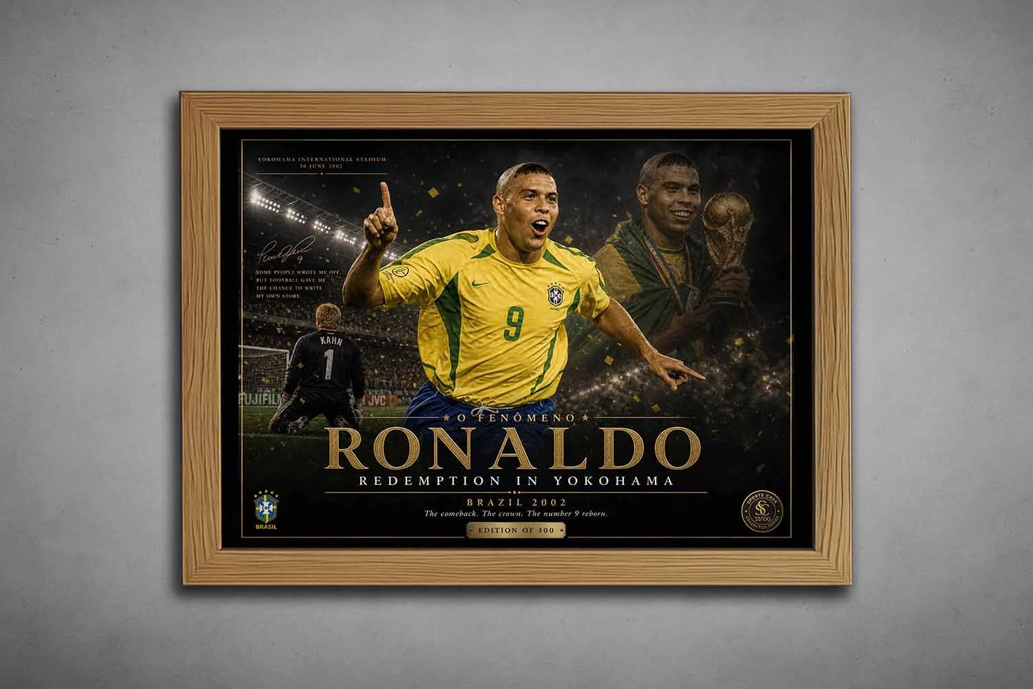Oak framed Ronaldo Nazário Brazil 2002 artwork inspired by legendary World Cup redemption moments.