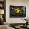 Ronaldo Nazário Brazil 2002 soccer wall art in a black frame displayed in a premium living room.