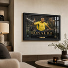 Ronaldo Nazário Brazil 2002 soccer wall art in a black frame displayed in a premium living room.