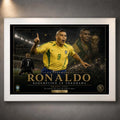 White framed Ronaldo Nazário Brazil 2002 soccer wall art featuring the Yokohama redemption design.