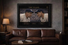 Babe Ruth and Lou Gehrig baseball artwork in a framed black gallery frame, showcased in a cozy living room, man cave wall décor.