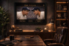 Babe Ruth and Lou Gehrig baseball artwork in a framed black gallery frame, showcased in an executive office, sports wall art.