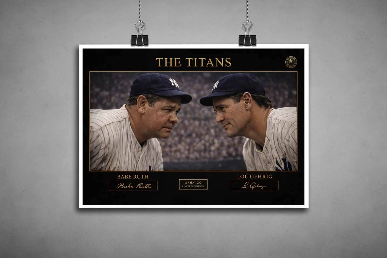Unframed baseball art featuring Babe Ruth and Lou Gehrig, titled "The Titans," limited edition sports prints.