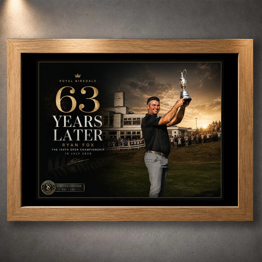 Oak framed Ryan Fox Open Championship golf wall art featuring the Claret Jug celebration at Royal Birkdale.