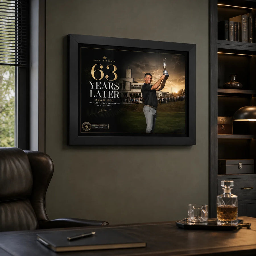 Ryan Fox Open Championship wall art displayed in a refined home office with dark cabinetry, desk and leather chair.
