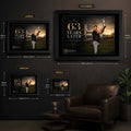 Ryan Fox wall art size guide showing Small, Medium, Large and X Large framed dimensions in centimetres and inches.