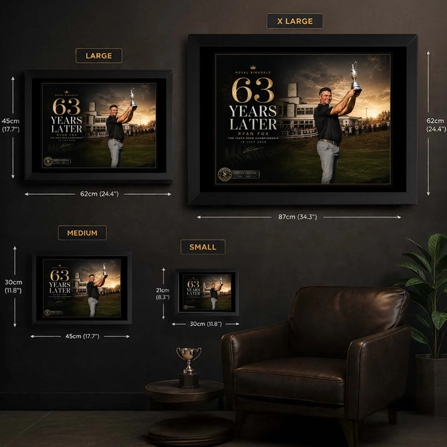 Ryan Fox wall art size guide showing Small, Medium, Large and X Large framed dimensions in centimetres and inches.