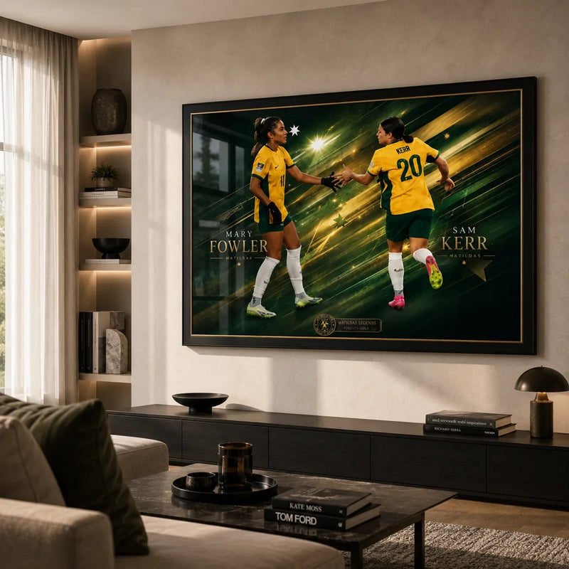Sam Kerr and Mary Fowler Matildas soccer wall art in a black frame displayed in a bright modern living room.
