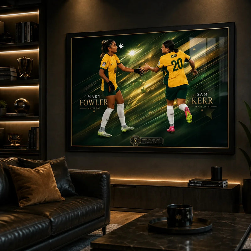 Black framed Sam Kerr and Mary Fowler Matildas soccer wall art displayed in a dark sports room with warm shelf lighting.