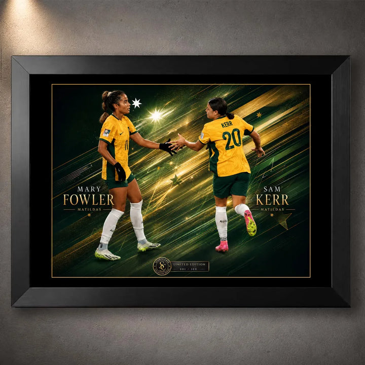 Black framed Sam Kerr and Mary Fowler Matildas soccer wall art with both players on a green and gold graphic background.