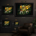 Sam Kerr and Mary Fowler Matildas soccer wall art size guide showing Small, Medium, Large and X Large framed dimensions.
