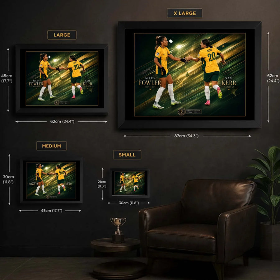 Sam Kerr and Mary Fowler Matildas soccer wall art size guide showing Small, Medium, Large and X Large framed dimensions.