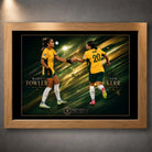 Oak framed Sam Kerr and Mary Fowler Matildas soccer wall art with green and gold artwork featuring both players.