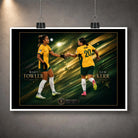 Unframed Sam Kerr and Mary Fowler Matildas soccer wall art featuring both players against a green and gold graphic background.