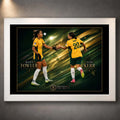 White framed Sam Kerr and Mary Fowler Matildas soccer wall art with green and gold artwork featuring both players.