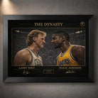 Black framed classic basketball rivalry wall art with gold Dynasty detailing on a dark collector print