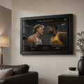 Classic basketball rivalry wall art in a warm living room above a dark leather sofa