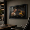 Classic basketball rivalry wall art in a modern office with shelves and a desk
