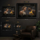 Size guide for a classic basketball rivalry framed wall art print showing S to XL dimensions