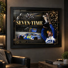 Jimmie Johnson Seven-Time wall art displayed in a dark motorsport man cave setting.