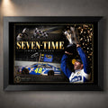 Black framed Jimmie Johnson NASCAR wall art featuring the Seven-Time collector design.