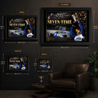 Jimmie Johnson Seven-Time wall art size guide showing framed and unframed options in four sizes.