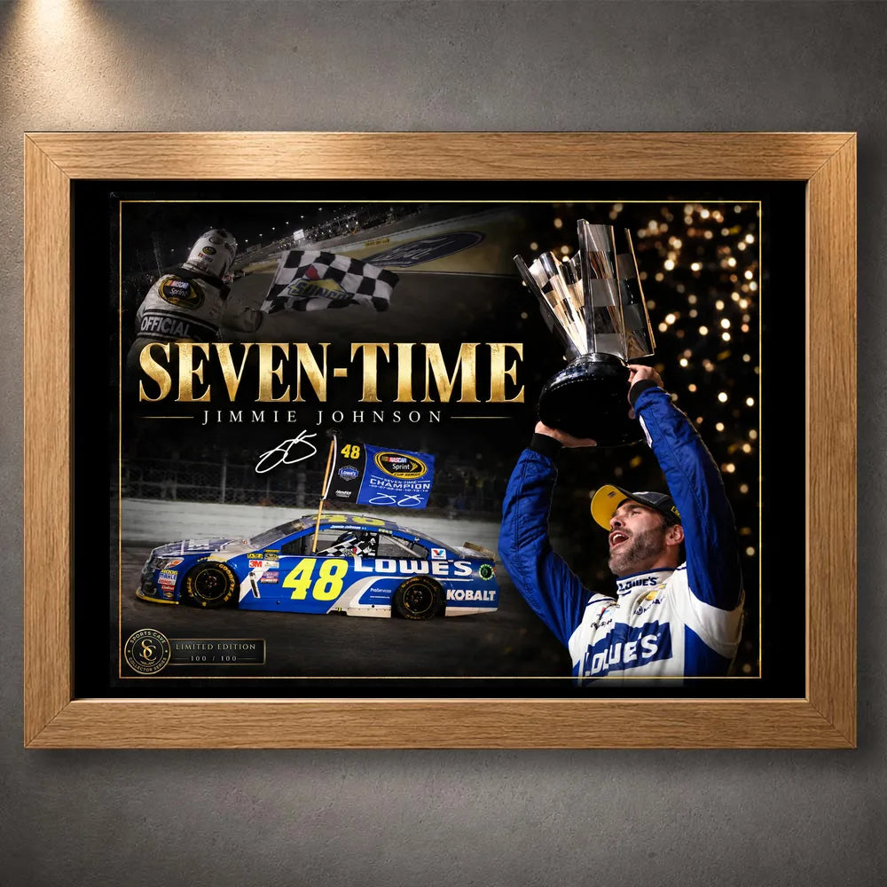 Oak framed Jimmie Johnson NASCAR wall art featuring the Seven-Time collector design.