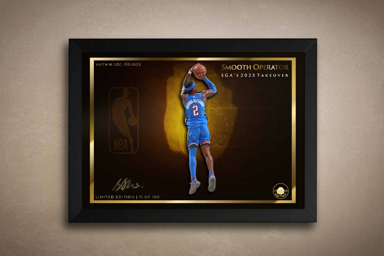 Black framed NBA art featuring Shai Gilgeous-Alexander from the Oklahoma City Thunder Basketball team. 