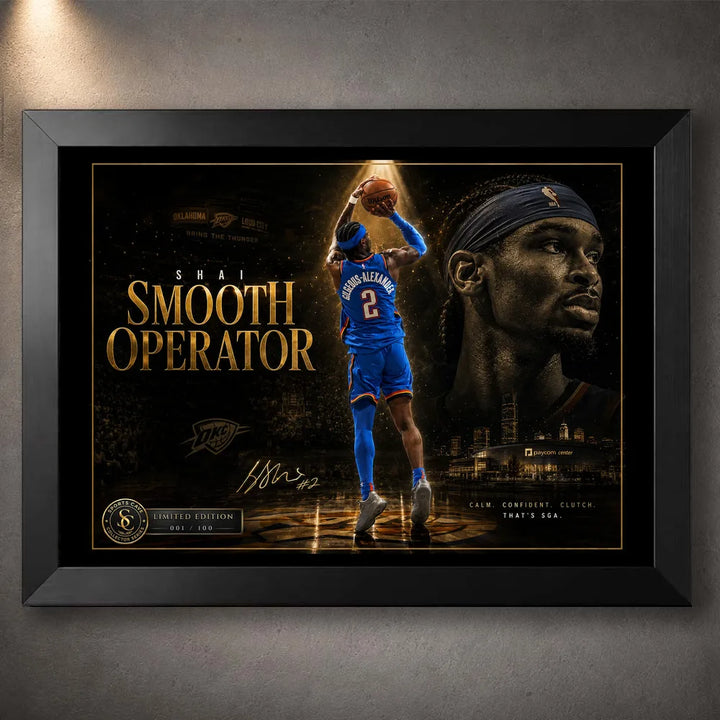 Shai Gilgeous-Alexander Smooth Operator basketball wall art in a premium black frame with gold collector details.