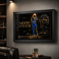 Black-framed Shai Gilgeous-Alexander basketball wall art mounted in a dark premium man cave with warm spotlighting.