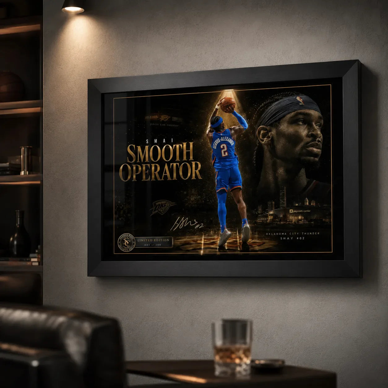 Black-framed Shai Gilgeous-Alexander basketball wall art mounted in a dark premium man cave with warm spotlighting.