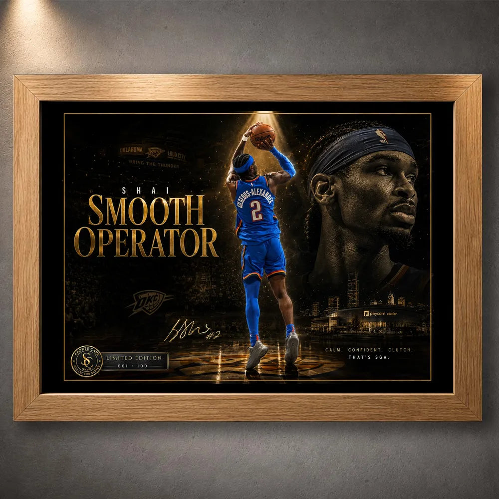Shai Gilgeous-Alexander Smooth Operator basketball wall art shown in a premium oak frame with gold collector details.