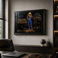 Black-framed Shai Gilgeous-Alexander basketball wall art displayed in a refined modern office above a dark cabinet.