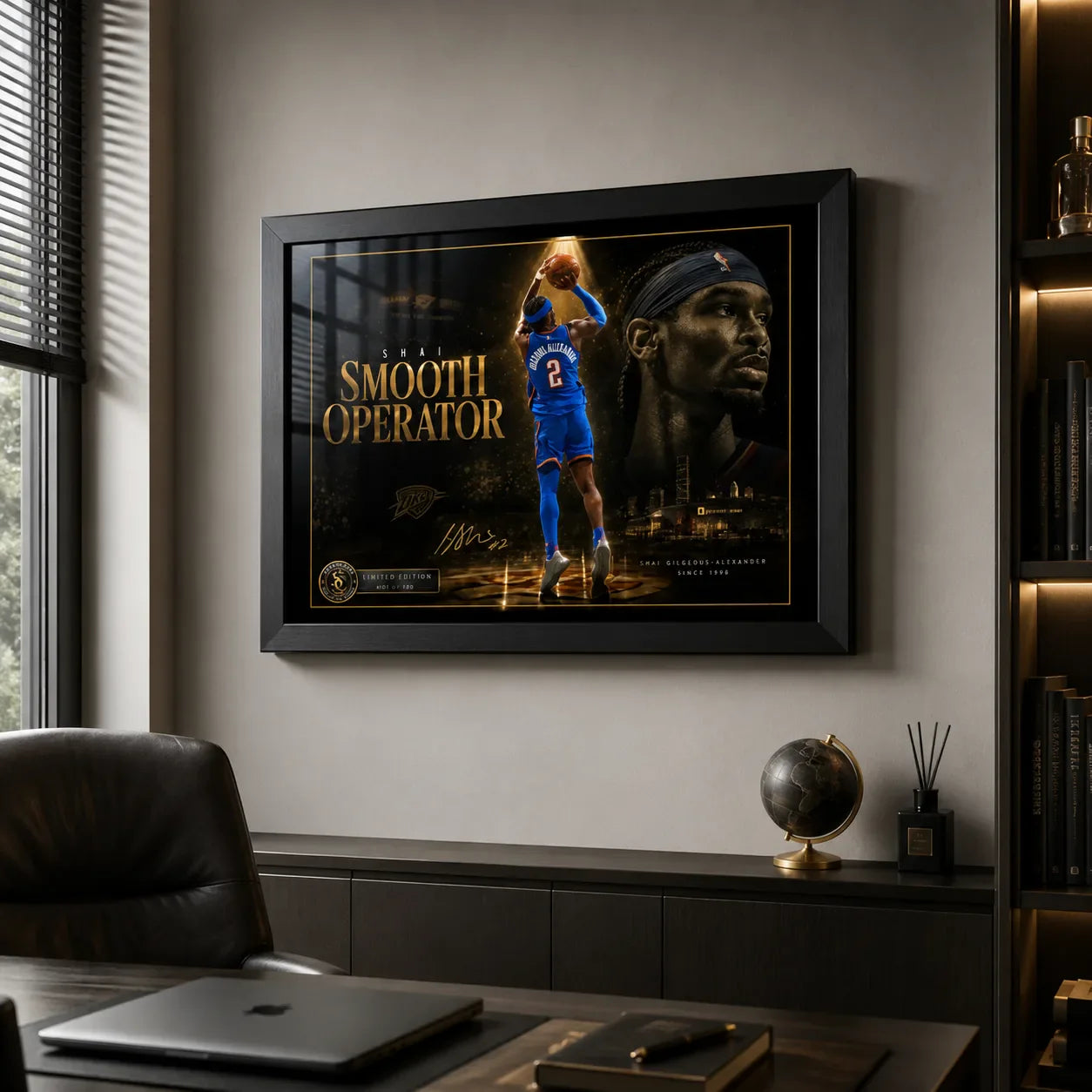 Black-framed Shai Gilgeous-Alexander basketball wall art displayed in a refined modern office above a dark cabinet.