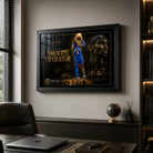 Black-framed Shai Gilgeous-Alexander basketball wall art displayed in a refined modern office above a dark cabinet.