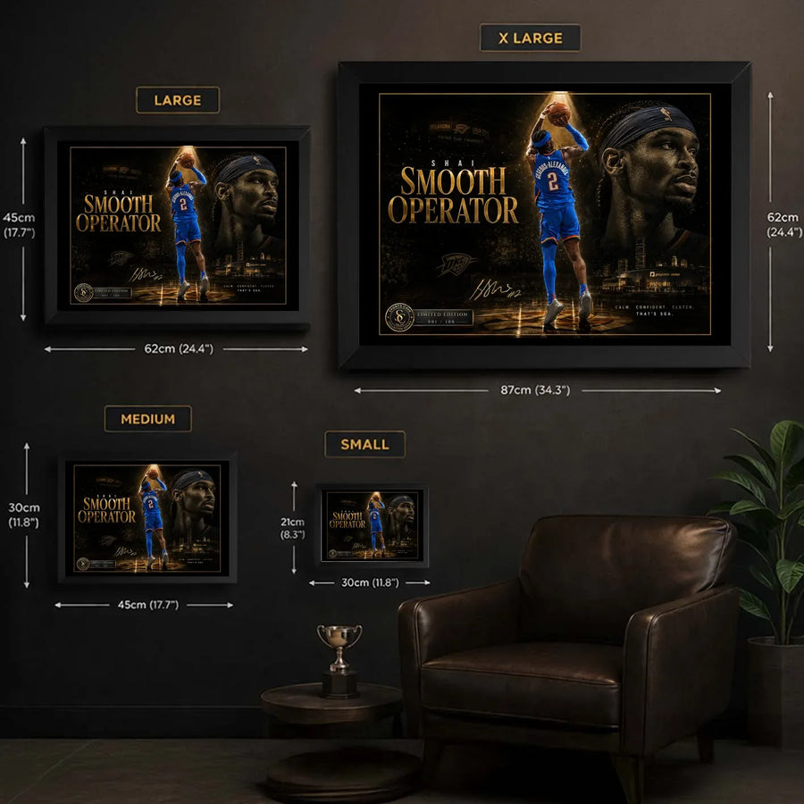 Size guide for Shai Gilgeous-Alexander framed basketball wall art showing Small, Medium, Large and XL dimensions.