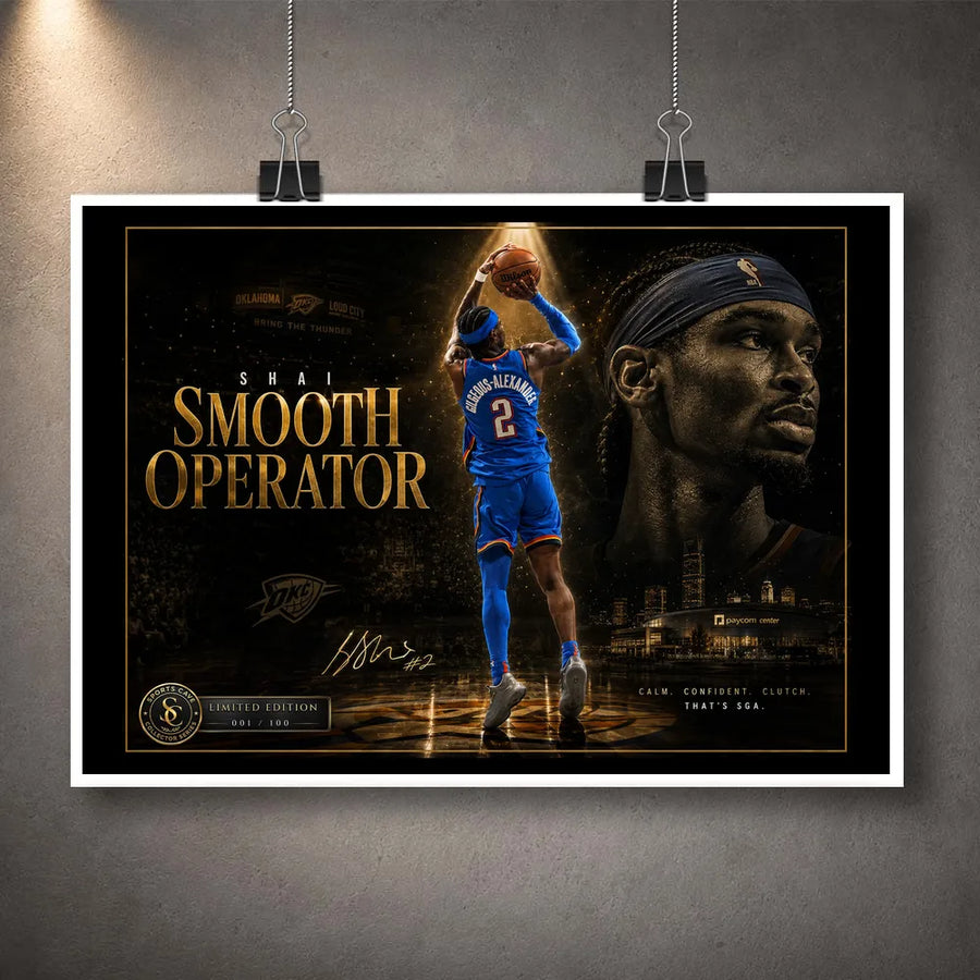 Unframed Shai Gilgeous-Alexander Smooth Operator basketball wall art print with gold collector details and white border.