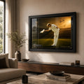 Shane Warne cricket wall art in a black frame displayed on a warm beige living room wall above a timber console.