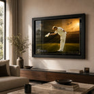 Shane Warne cricket wall art in a black frame displayed on a warm beige living room wall above a timber console.