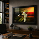 Shane Warne cricket wall art in a black frame mounted above a timber desk in a refined home office.