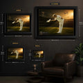 Shane Warne cricket wall art size guide comparing small, medium, large and extra-large framed dimensions.