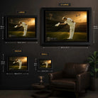 Shane Warne cricket wall art size guide comparing small, medium, large and extra-large framed dimensions.