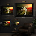 Shane Warne cricket wall art size guide comparing small, medium, large and extra-large framed dimensions.