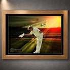 Oak framed Shane Warne cricket wall art showing his bowing tribute beneath warm stadium light.