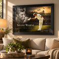 Shane Warne The Final Bow black framed cricket edition mounted above a cream sofa in a sunlit living room.