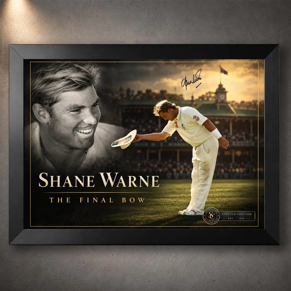 Shane Warne The Final Bow cricket edition shown in a black frame, featuring his portrait and a hat-tip on the field.