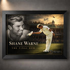 Shane Warne The Final Bow cricket edition shown in a black frame, featuring his portrait and a hat-tip on the field.