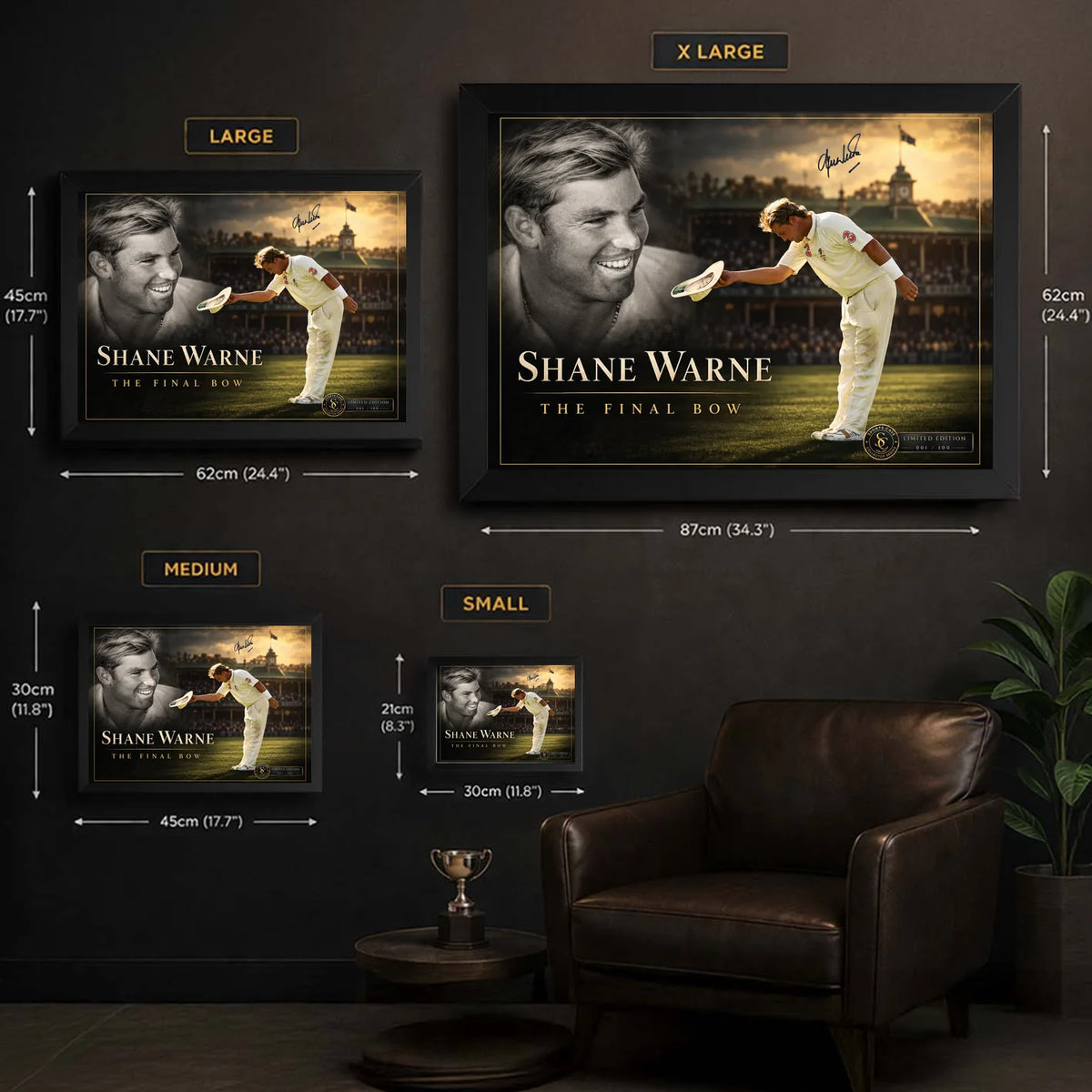Shane Warne The Final Bow framed edition sizing guide showing four print sizes, from small to extra large.