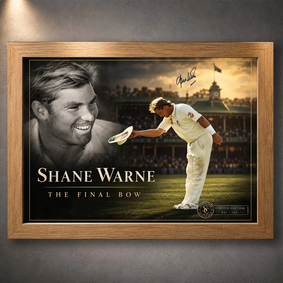 Shane Warne The Final Bow cricket edition featuring his black-and-white portrait and farewell bow in a natural oak frame.